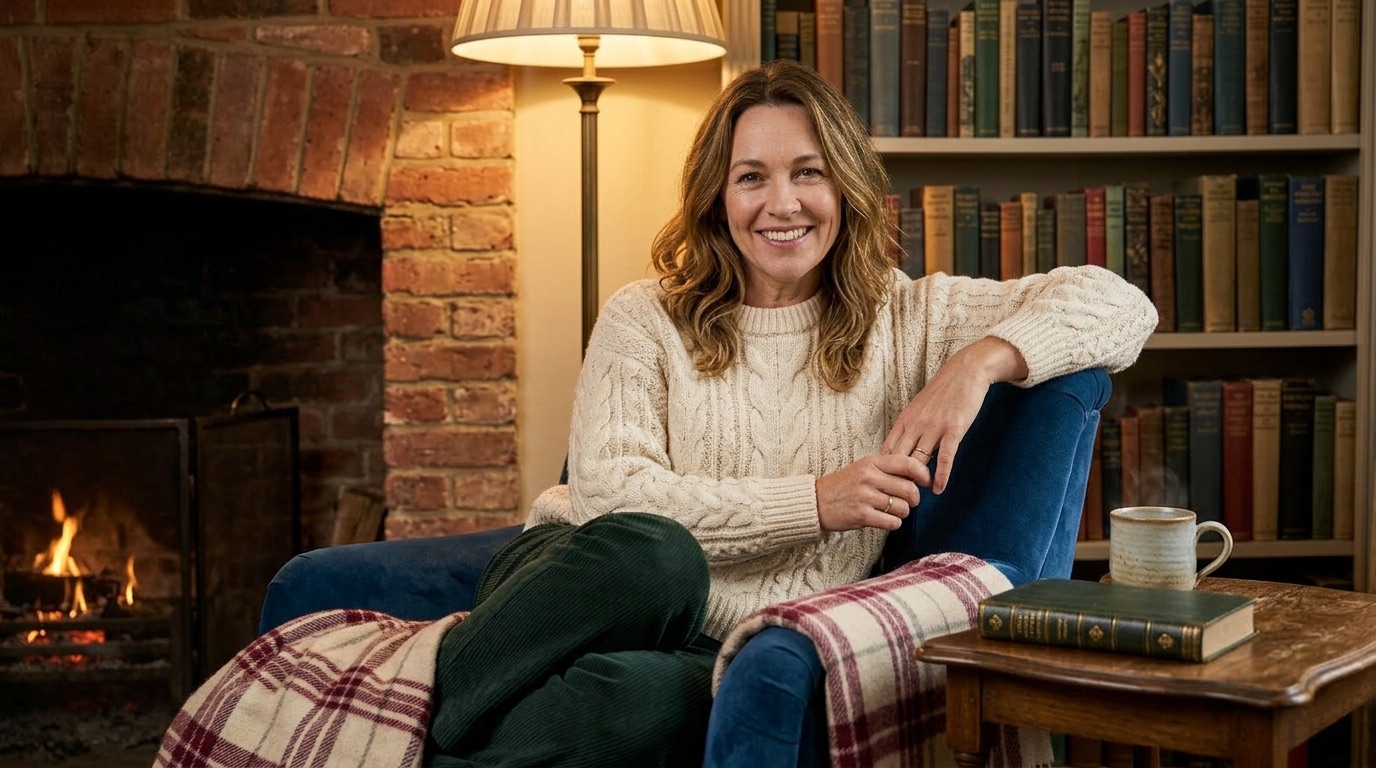 Jane sitting by a fireplace, the face of Real Life Real Beauty