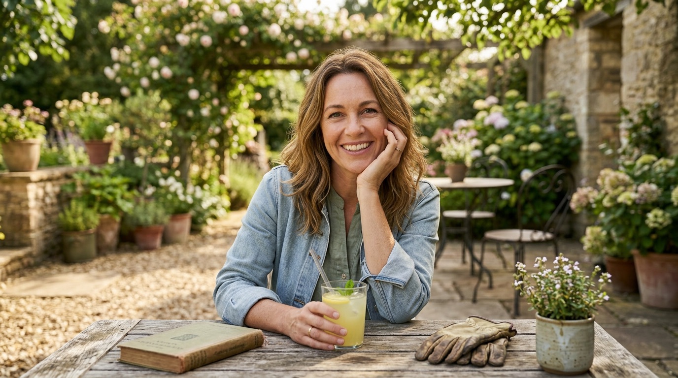 Jane, the face of Real Life Real Beauty, smiling in a garden with a glass of lemonade